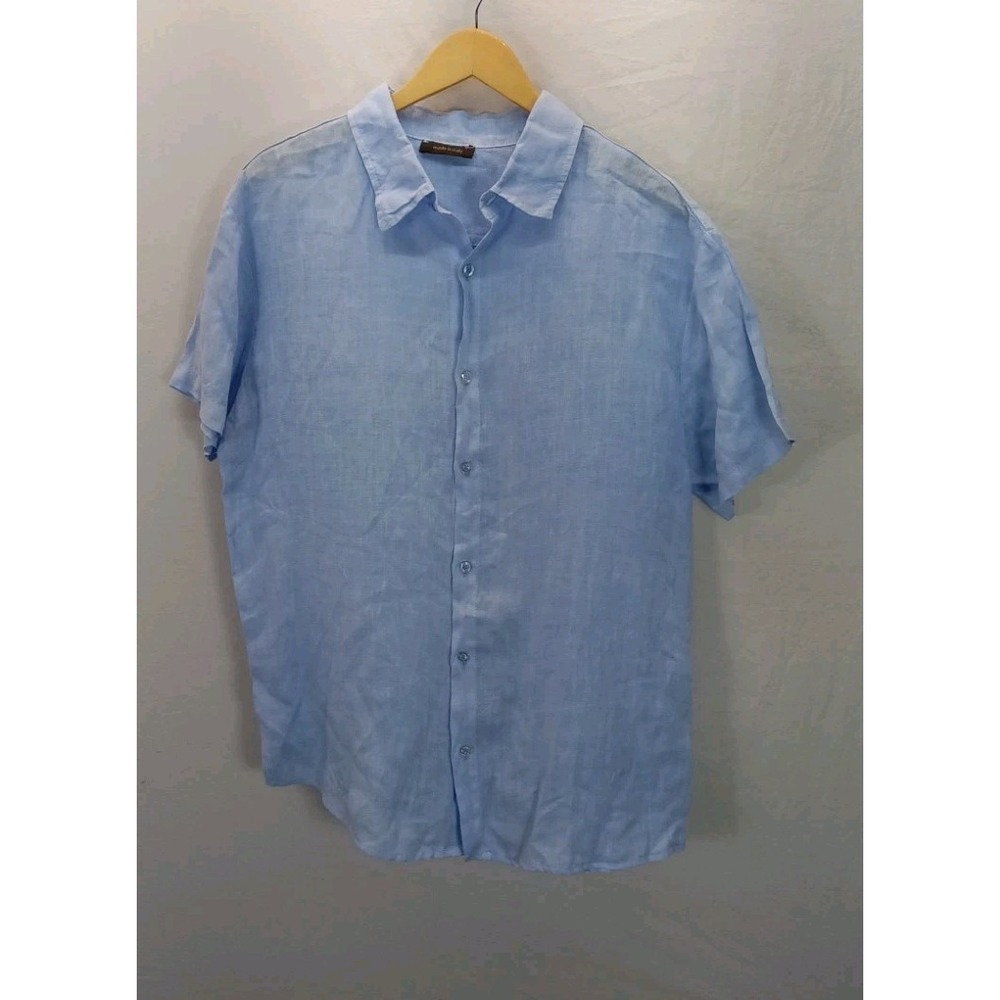 100% Linen light Blue Mens LG Short Sleeve Shirt Made in Italy breathable